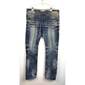 Affliction x DPSR  Gage Jeans 38x36 Straight Leg Blue Dark Wash Distressed Y2K